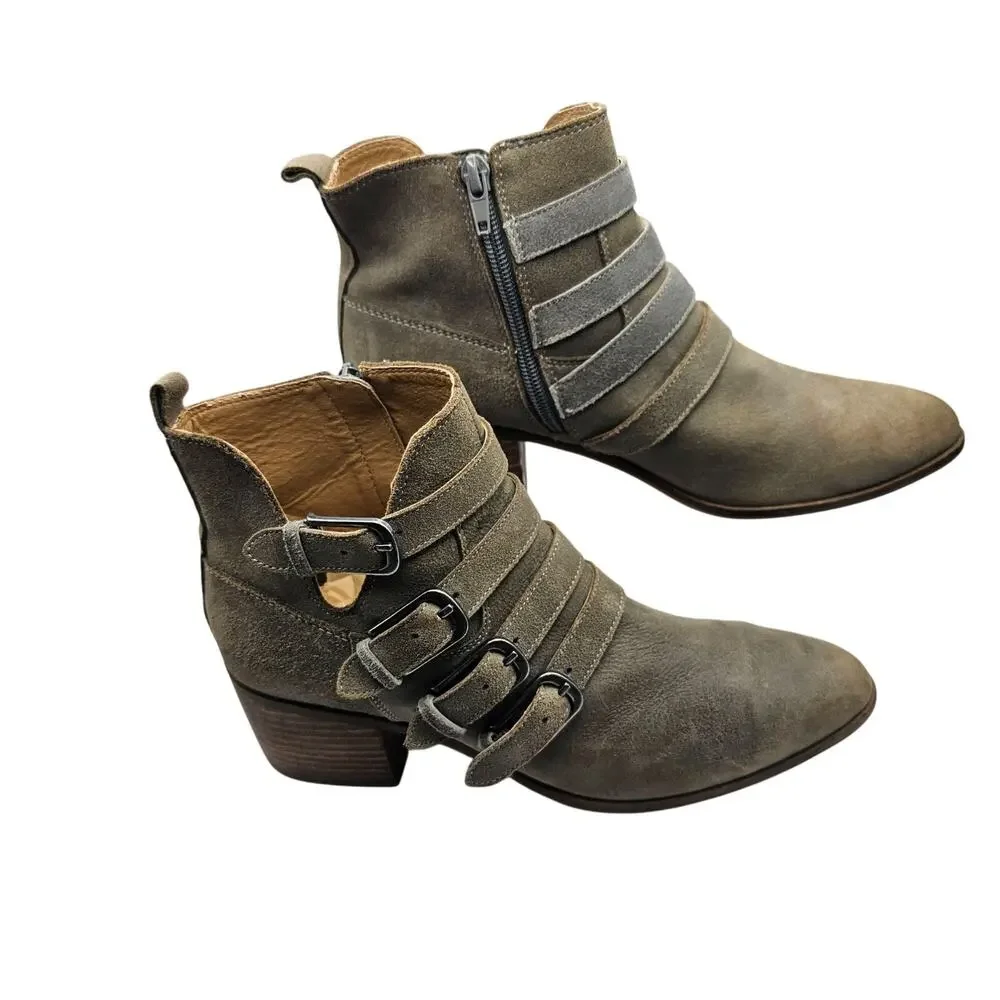 Lucky Brand Loreniah Suede Buckle Ankle Boots Booties Gray Green Sz 8.5